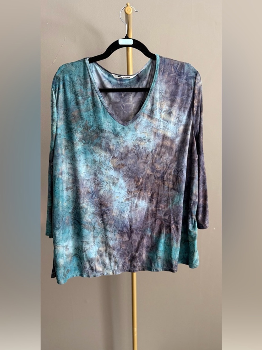 Peter Nygard Abstract Tunic Artsy Tie Dye Teal Purple Gold Black 3/4 Sleeve